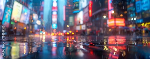 Rain-soaked city streets at night with neon lights. Urban landscape with a futuristic cyberpunk aesthetic.