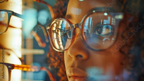 Fashionable woman in eyeglasses with reflections of lights and frames. Close-up shot with a focus on glasses