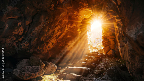The Empty Tomb of Jesus Christ with Rays of Light Coming into the Cave: Easter and Resurrection of Jesus Christ. 