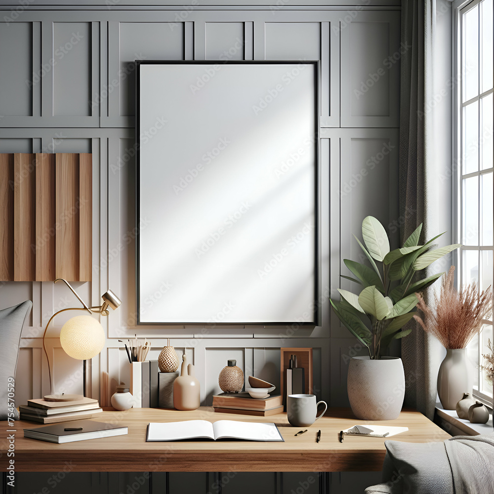 Mock up Poster Empty Frame in Modern Interior Background, Working Room, Scandinavian Style, 3D Mock up Poster Empty Frame in Modern Interior Background, Working Room, Scandinavian Style, 3D
