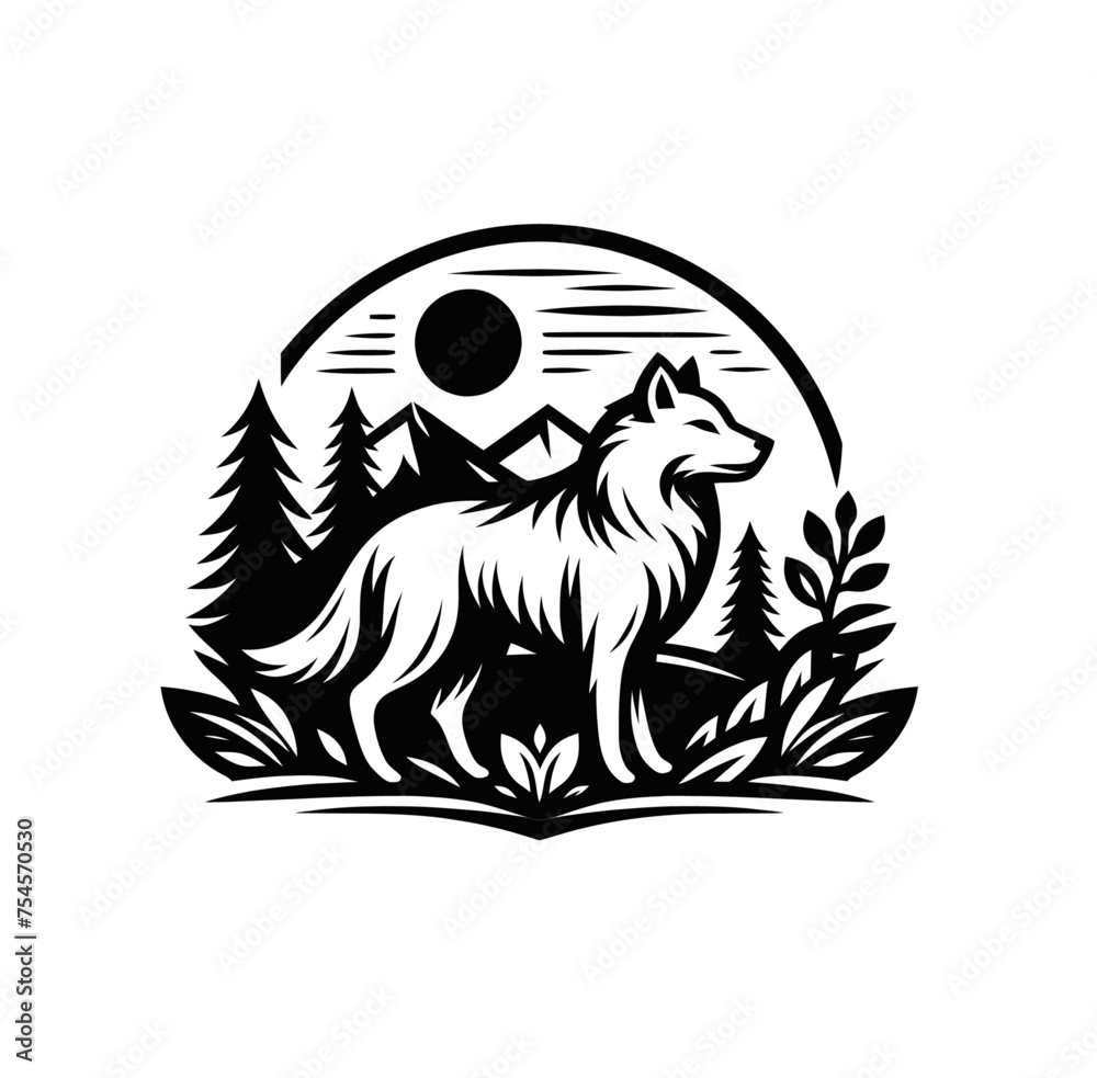 Wild wolf in nature isolated monochrome vector illustration Wild wolf in nature isolated monochrome vector illustration