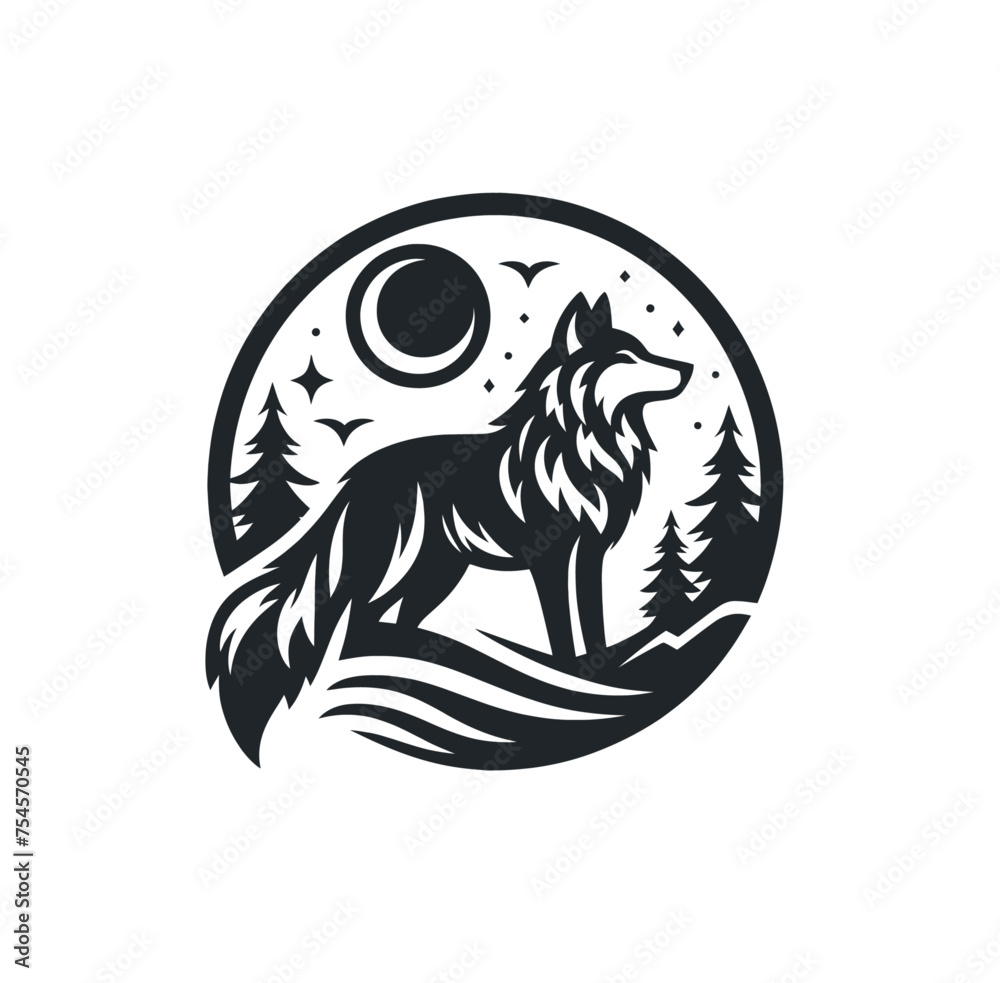 Wild wolf in nature isolated monochrome vector illustration Wild wolf in nature isolated monochrome vector illustration