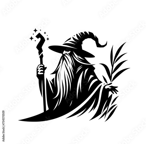 Mystery fantasy wizard monochrome vector illustration