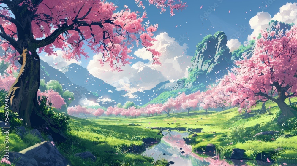 a beautiful japanese landscape view in anime cartoonish artstyle. a ...