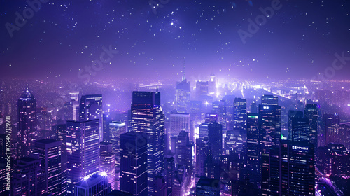 beautiful city photo with purple white and light yellow color palette. Late night photograph with beautfiul lights photo