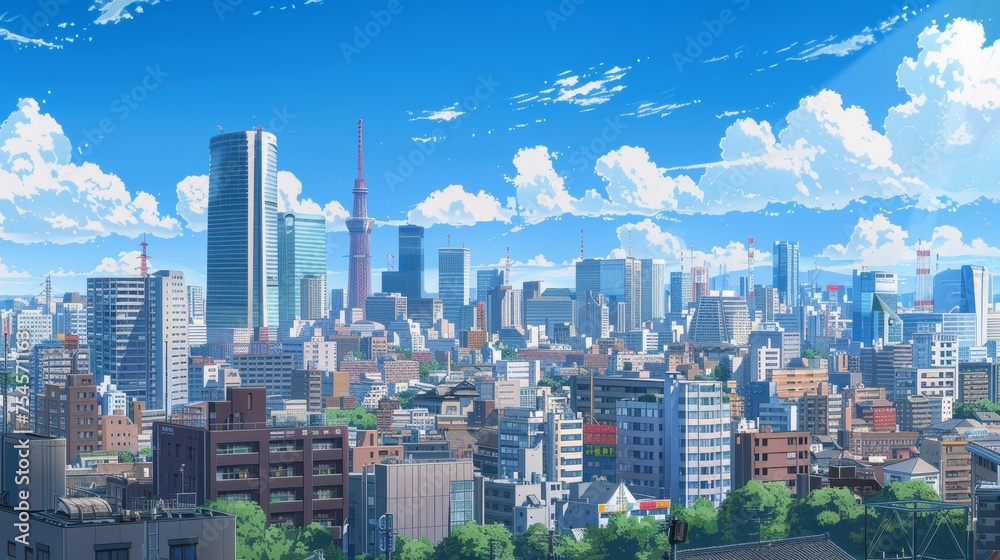 Naklejka premium a beautiful view on tokyo japanese skyline city with scyscraper office buildings. anime cartoonish artstyle. wallpaper background 16:9