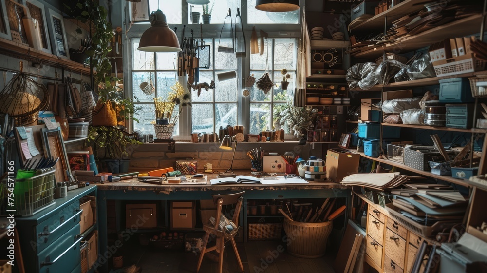 Cozy and well-organized craft room with a variety of art supplies and natural light. Creative workspace concept