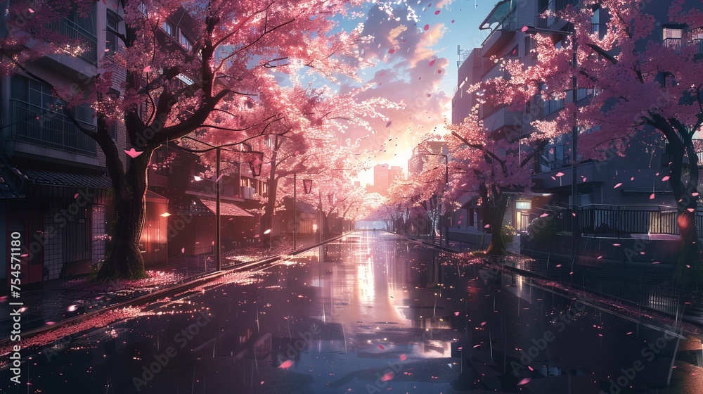 Obraz premium a beautiful tokyo city town view in anime cartoonish artstyle. wallpaper background 16:9