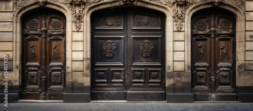 A close-up view of a couple of large wooden doors standing in front of a historical building in the streets of Prague. The doors are weathered and adorned with intricate carvings,