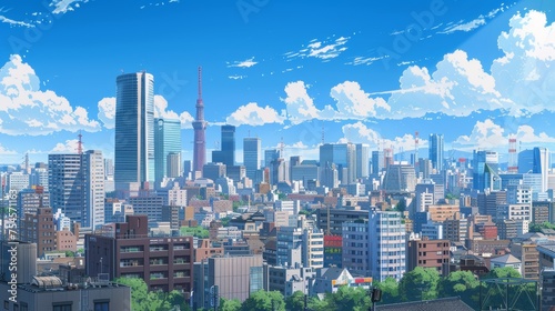 a beautiful view on tokyo japanese skyline city with scyscraper office buildings. anime cartoonish artstyle. wallpaper background 16:9 photo