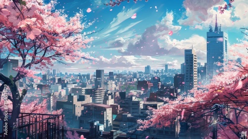 a beautiful view on tokyo japanese skyline city with scyscraper office buildings. anime cartoonish artstyle. cherry blossom growing. wallpaper background 16:9 photo