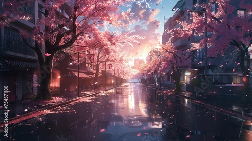 a beautiful tokyo city town view in anime cartoonish artstyle. wallpaper background 16:9