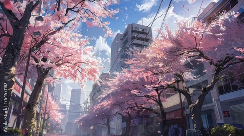 a beautiful tokyo city town view in anime cartoonish artstyle. wallpaper background 16:9