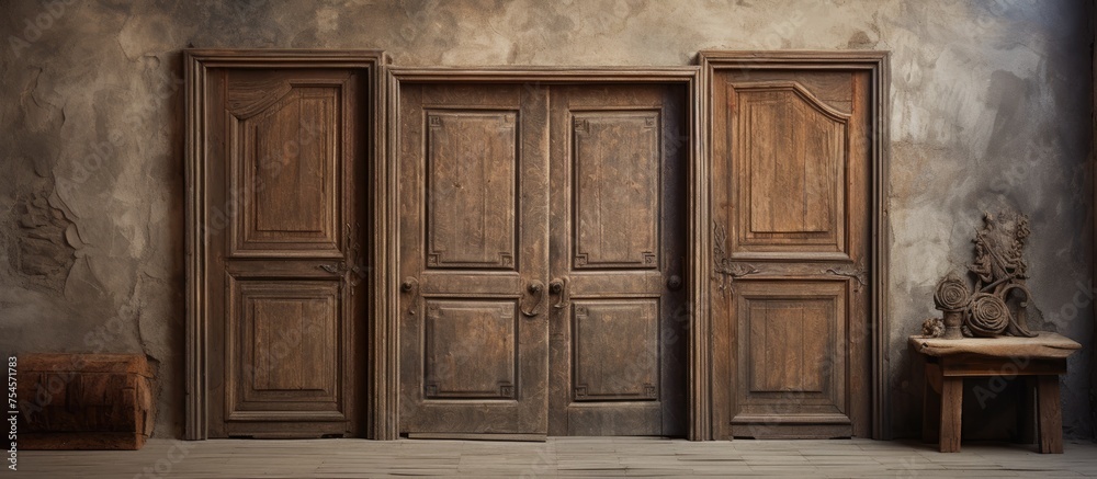 A room with two sturdy, old wooden doors standing on either side, framed by dark wood. In the center, a simple wooden table sits, unadorned and functional.