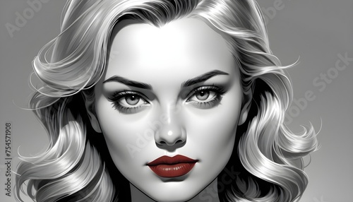 Comics style pop art artwork with blonde model black and white portrait, deep red lips