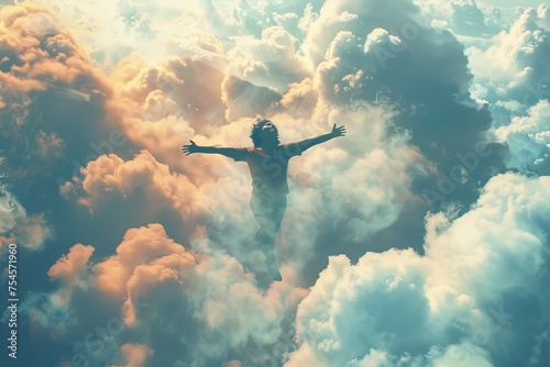 Wallpaper Mural A surrealistic illustration of a person floating among the clouds, arms outstretched and eyes closed in bliss, symbolizing the freedom of imagination and creativity Torontodigital.ca