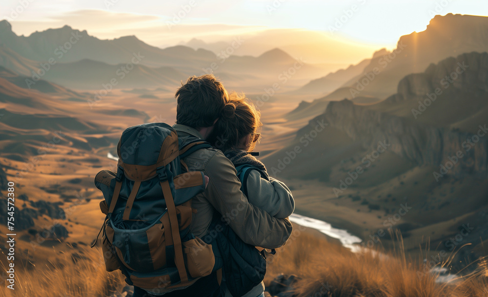 A man and woman on an adventure,hiking, wearing backpacks as they look out over the landscape, generative ai