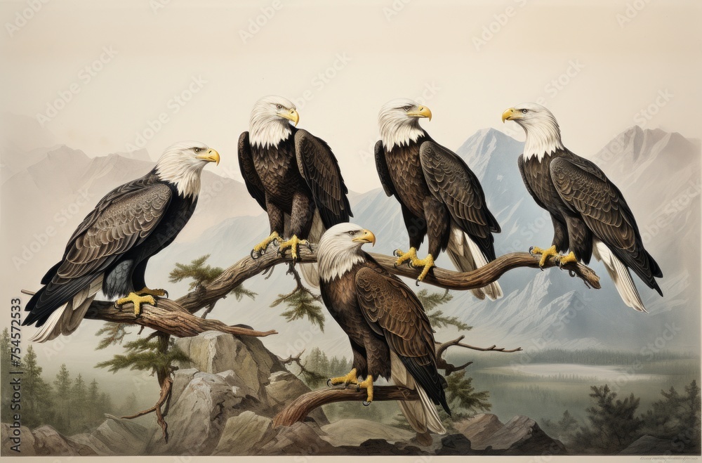 Obraz premium Five hungry eagles on the tree branches ready to fly off and find food 