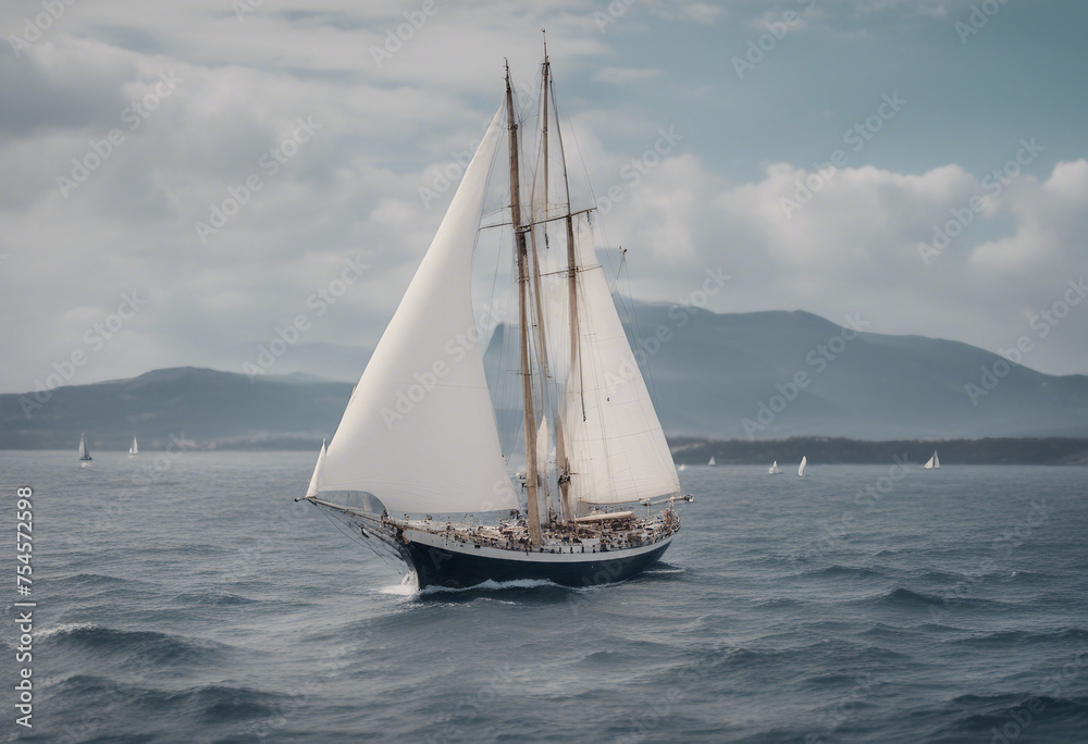 Regatta of sailing ships with white sails on the high seas Aerial view of a sailboat in a windy stat