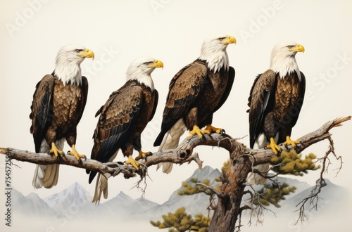 Four beautiful eagles on the tree branches looking for food and watching the skies for prey. White background with mountains. . 
