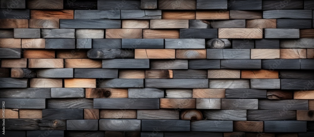 A wall constructed entirely of wooden planks in various shades of brown, gray, and black. The texture of the wood adds an interesting visual element to the structure. A wall constructed entirely of wooden planks in various shades of brown, gray, and black. The texture of the wood adds an interesting visual element to the structure.