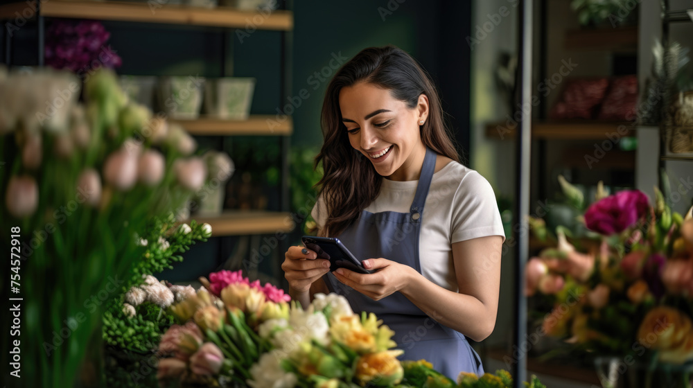 Smiling woman is standing in a flower shop looking at her smartphone, with shelves of plants and flowers in the background.