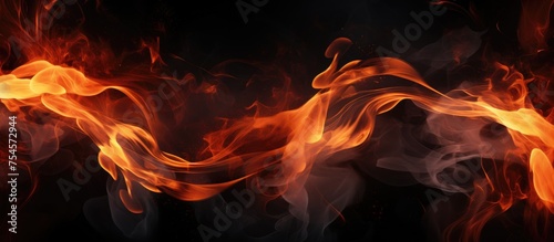This composition features dynamic red and yellow flames dancing against a stark black backdrop, creating a visually striking and intense contrast. The flames appear to flicker and swirl, emitting a