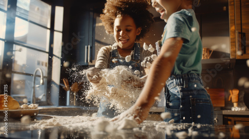 Two children gleefully throw flour in the air while baking in the kitchen, with excitement and joy evident in their expressions and movements.