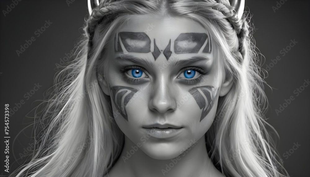 Black and white viking blonde model cosplay girl close-up portrait, blue eyes, blue face signs