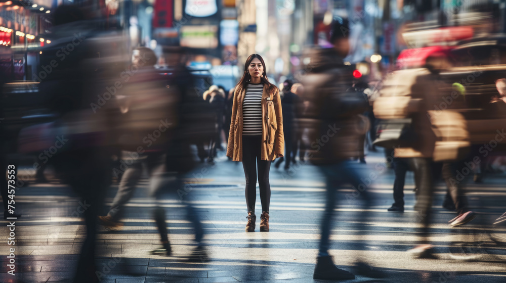 Distressed woman standing on a busy street, covering her face with her hands, with the world around her blurred in motion