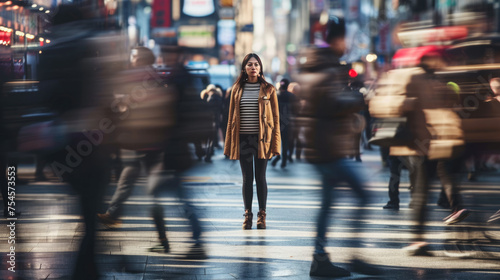 Distressed woman standing on a busy street, covering her face with her hands, with the world around her blurred in motion