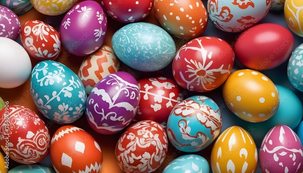 Colorful painted easter eggs close-up background, abstract, geometric, flowers, stripes, dots, spiral and plain patterns