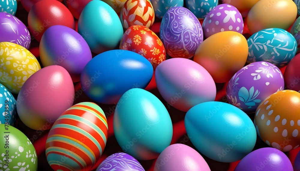 Colorful painted easter eggs close-up background, abstract, geometric, flowers, stripes, dots, spiral and plain patterns