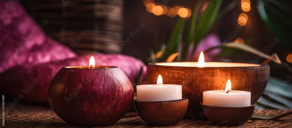 Three burning spa aroma candles, placed on top of a table with a cozy home interior background. The candles are contained in coconut shells and emit a warm, inviting glow. Three burning spa aroma candles, placed on top of a table with a cozy home interior background. The candles are contained in coconut shells and emit a warm, inviting glow.