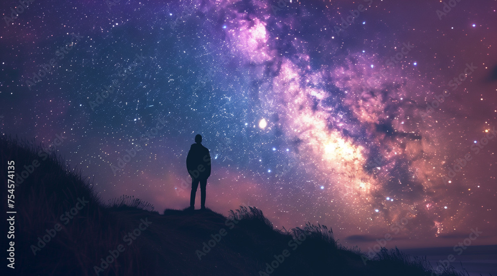 a person whispering to the cosmos, in the middle of the night. energy, mind control. nature and astrology. questions that the stars will answer.