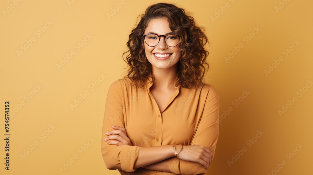 Cheerful Caucasian woman with curly brown hair, smiling against beige background. Cheerful Caucasian woman with curly brown hair, smiling against beige background.