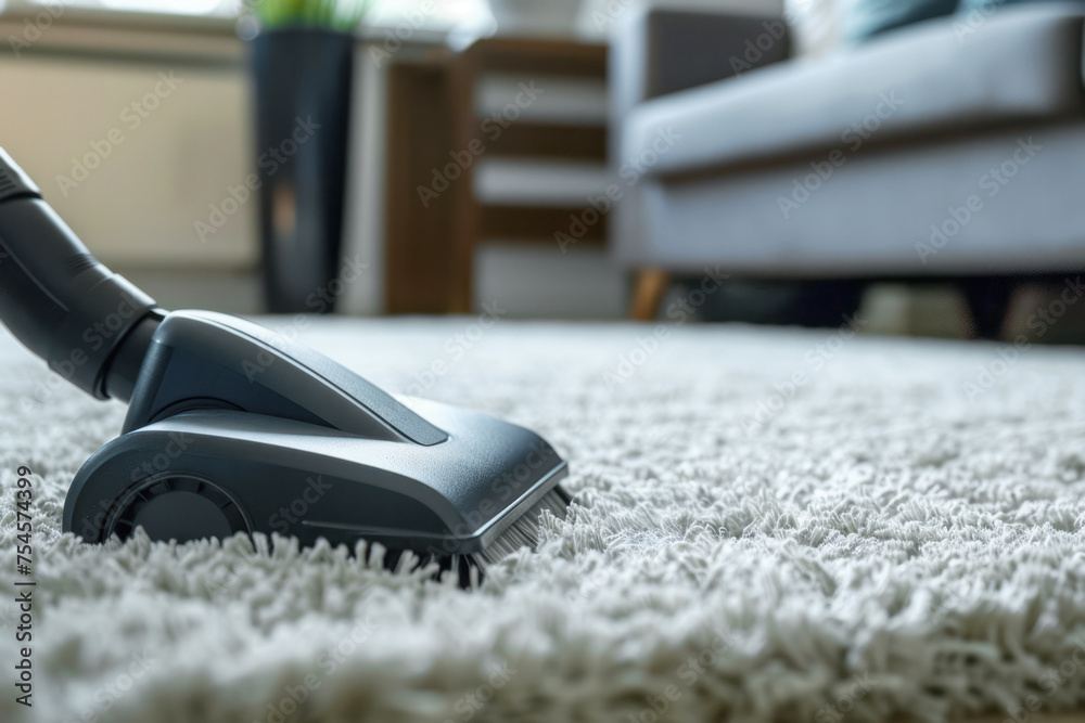 Close-up of a Vacuum Cleaner Working on a Textured Carpet at Home Close-up of a Vacuum Cleaner Working on a Textured Carpet at Home