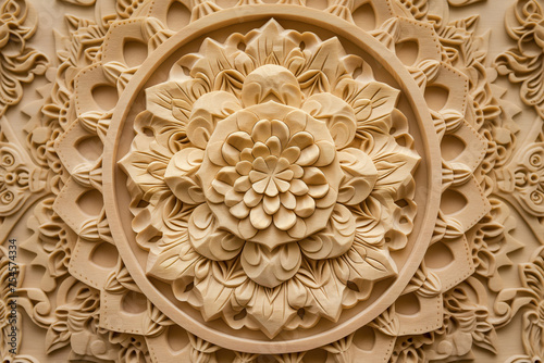 Intricate Wood Carving of a Blooming Flower with Delicate Petals and Symmetry. Mandala