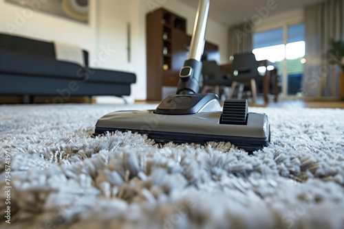 Vacuum Cleaner at Work on Shaggy Carpet in Sunlit Living Space
