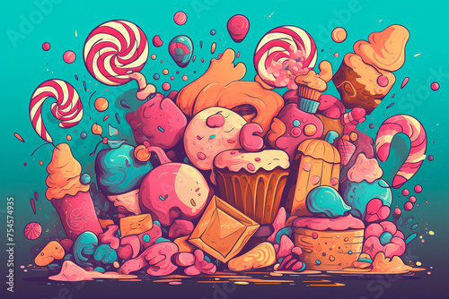 All sorts of sugary goodness. Lots of sweets. Concept of abundance, exuberance