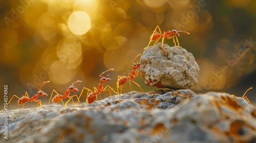 Ants demonstrate teamwork by rolling a stone uphill photo