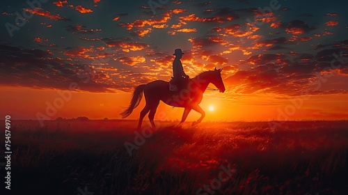 silhouette of a man riding a horse in at sunset 