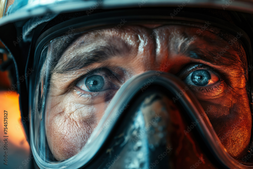 Close-up Image of a Firefighter: Intense Gaze, Protection Gear, Bravery Close-up Image of a Firefighter: Intense Gaze, Protection Gear, Bravery
