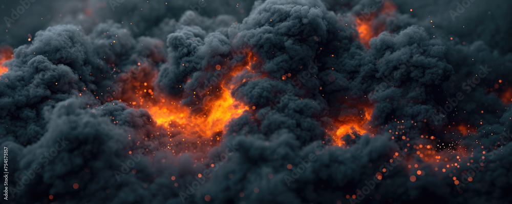 Ominous grey smoke and fiery embers create a hauntingly beautiful yet destructive scene of a rampant blaze.