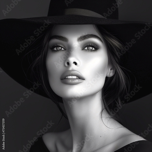 Portrait of beautiful young woman with makeup and hat. Fashion photo.
