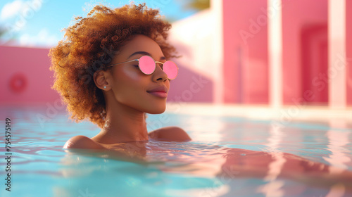 Beautiful african american woman in sunglasses relaxing in swimming pool