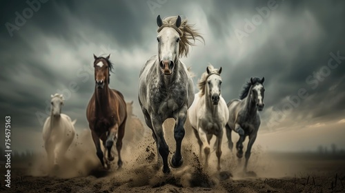 Powerful image of a herd of horses charging through a dusty landscape under a dramatic stormy sky.