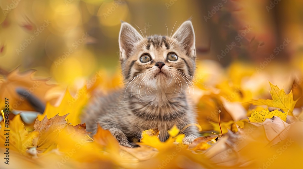 kitten playing in yellow autumn leaves 