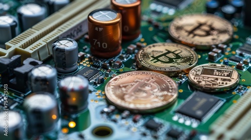 Bitcoin among coins on a computer board, indicating technology, finance, and business concepts