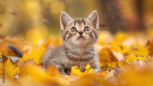 kitten playing in yellow autumn leaves  © hisilly